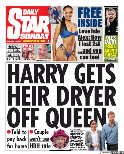 Daily Star Sunday Newspaper Front Page (UK) for 19 January 2020