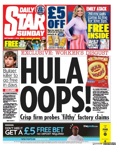 Daily Star Sunday Newspaper Front Page (UK) for 1 September 2019