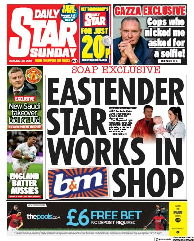 Daily Star Sunday Newspaper Front Page (UK) for 20 October 2019