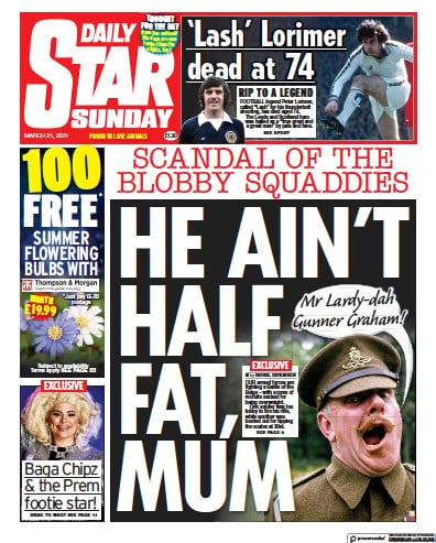 Daily Star Sunday Newspaper Front Page (UK) for 21 March 2021