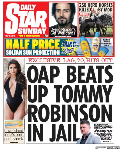Daily Star Sunday Newspaper Front Page (UK) for 21 July 2019