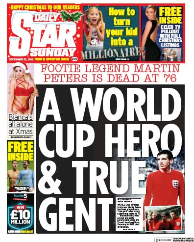 Daily Star Sunday Newspaper Front Page (UK) for 22 December 2019