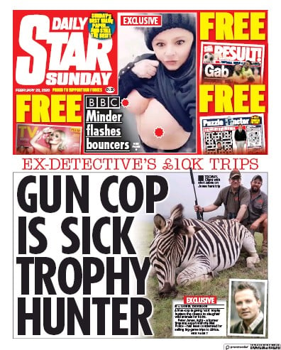 Daily Star Sunday Newspaper Front Page (UK) for 23 February 2020