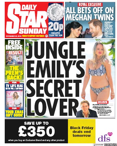 Daily Star Sunday Newspaper Front Page (UK) for 25 November 2018