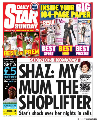 Daily Star Sunday Newspaper Front Page (UK) for 25 August 2019