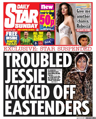 Daily Star Sunday Newspaper Front Page (UK) for 26 January 2020