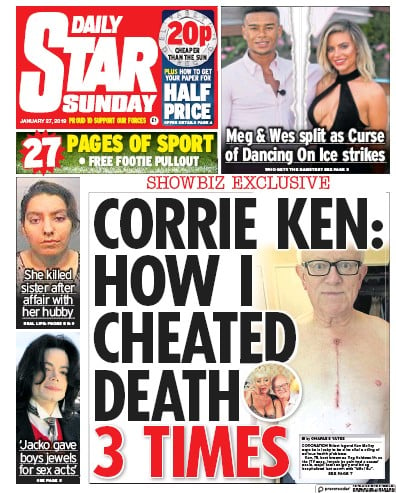 Daily Star Sunday Newspaper Front Page (UK) for 27 January 2019