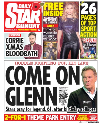 Daily Star Sunday Newspaper Front Page (UK) for 28 October 2018
