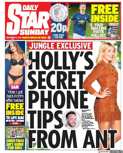 Daily Star Sunday Newspaper Front Page (UK) for 2 December 2018