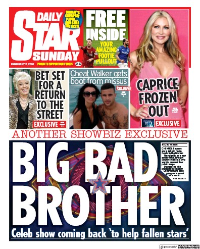 Daily Star Sunday Newspaper Front Page (UK) for 2 February 2020
