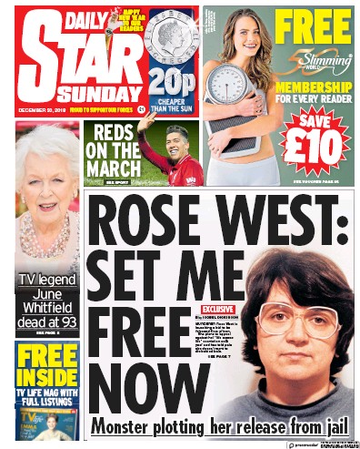 Daily Star Sunday Newspaper Front Page (UK) for 30 December 2018