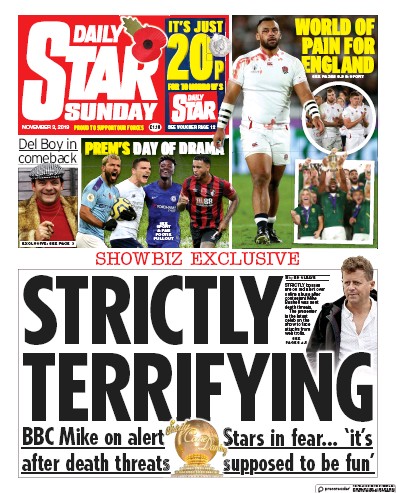Daily Star Sunday Newspaper Front Page (UK) for 3 November 2019