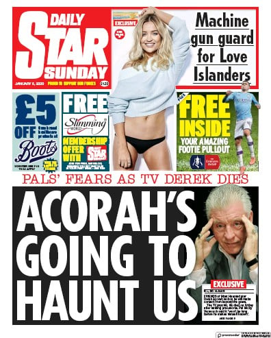 Daily Star Sunday Newspaper Front Page (UK) for 5 January 2020
