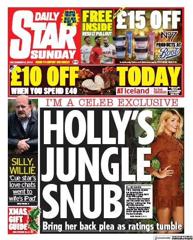 Daily Star Sunday Newspaper Front Page (UK) for 8 December 2019