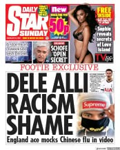Daily Star Sunday (UK) Newspaper Front Page for 9 February 2020