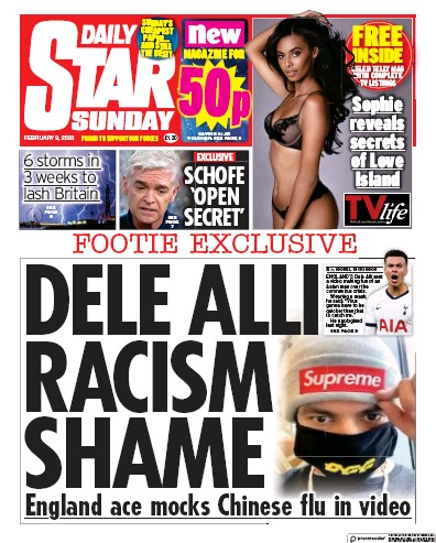 Daily Star Sunday Newspaper Front Page (UK) for 9 February 2020
