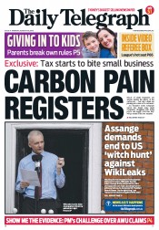 Daily Telegraph (Australia) Newspaper Front Page for 20 August 2012