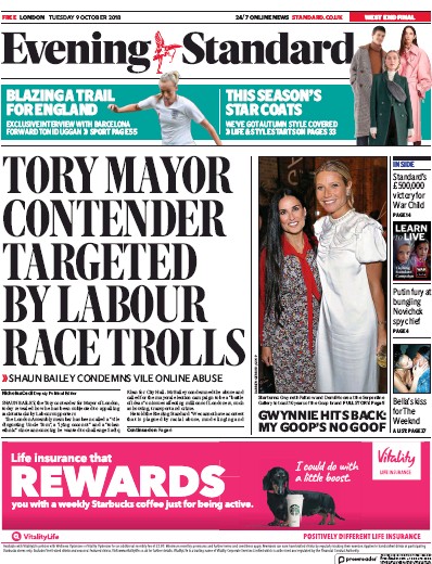 London Evening Standard Newspaper Front Page (UK) for 10 October 2018