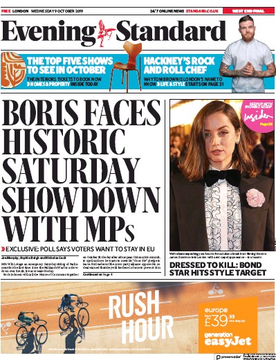 London Evening Standard Newspaper Front Page (UK) for 10 October 2019
