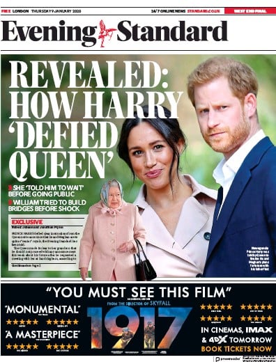 London Evening Standard Newspaper Front Page (UK) for 10 January 2020