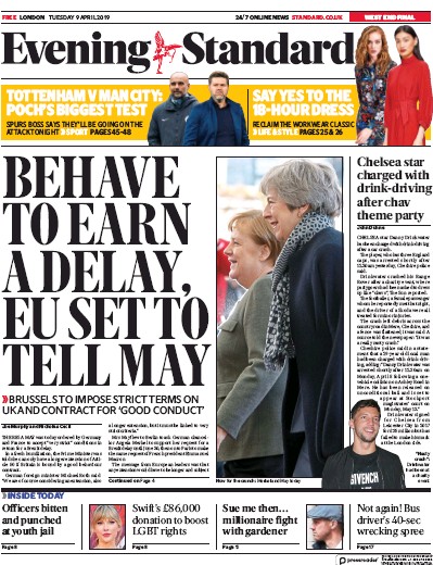 London Evening Standard Newspaper Front Page (UK) for 10 April 2019