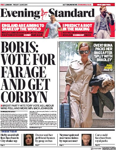 London Evening Standard Newspaper Front Page (UK) for 10 June 2019