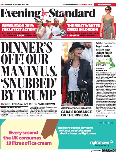 London Evening Standard Newspaper Front Page (UK) for 10 July 2019