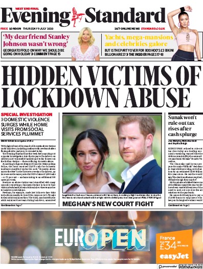 London Evening Standard Newspaper Front Page (UK) for 10 July 2020