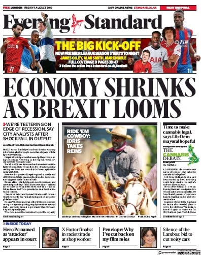 London Evening Standard Newspaper Front Page (UK) for 10 August 2019