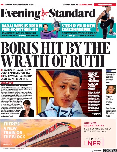 London Evening Standard Newspaper Front Page (UK) for 10 September 2019