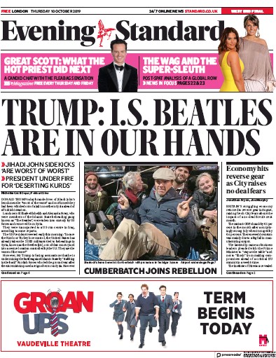 London Evening Standard Newspaper Front Page (UK) for 11 October 2019