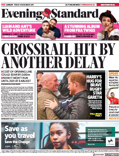 London Evening Standard Newspaper Front Page (UK) for 11 November 2019