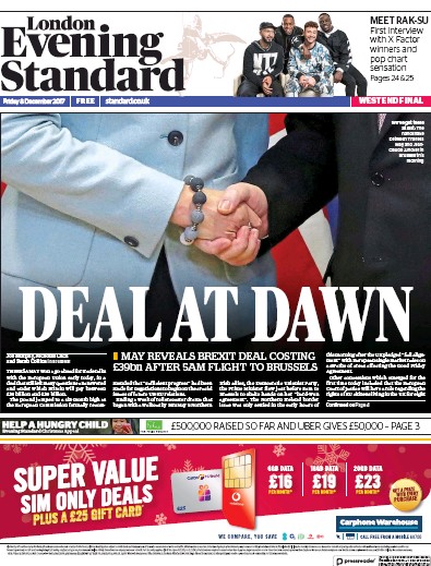 London Evening Standard Newspaper Front Page (UK) for 11 December 2017