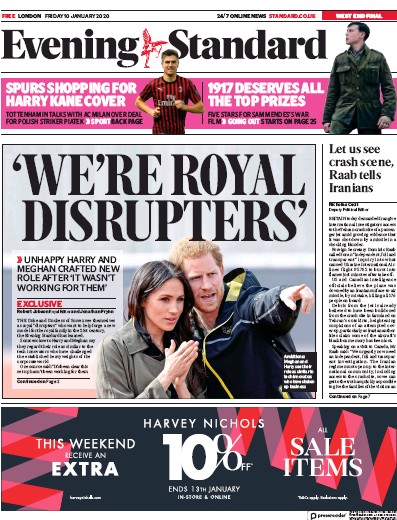 London Evening Standard Newspaper Front Page (UK) for 11 January 2020