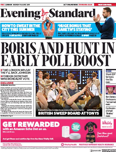 London Evening Standard Newspaper Front Page (UK) for 11 June 2019