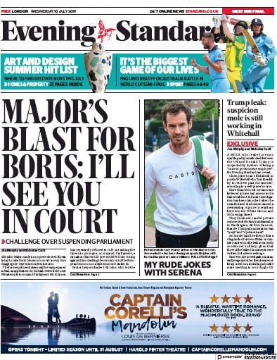 London Evening Standard Newspaper Front Page (UK) for 11 July 2019