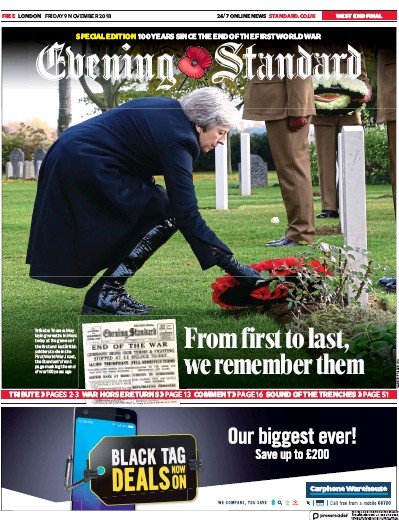 London Evening Standard Newspaper Front Page (UK) for 12 November 2018