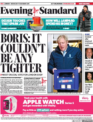 London Evening Standard Newspaper Front Page (UK) for 12 December 2019