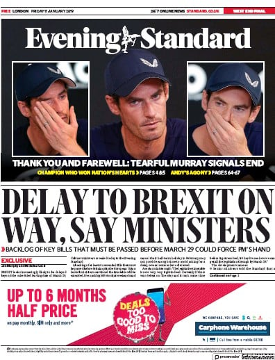 London Evening Standard Newspaper Front Page (UK) for 12 January 2019