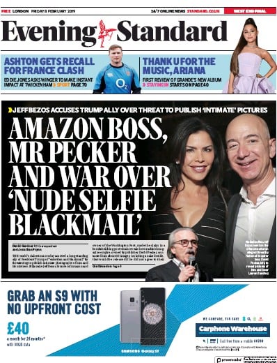London Evening Standard Newspaper Front Page (UK) for 12 February 2019