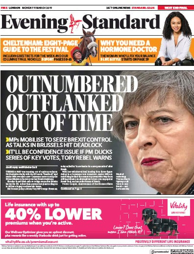 London Evening Standard Newspaper Front Page (UK) for 12 March 2019