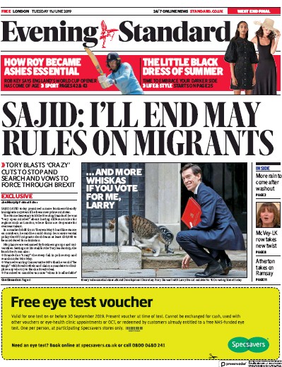 London Evening Standard Newspaper Front Page (UK) for 12 June 2019