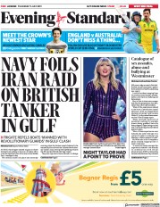 London Evening Standard (UK) Newspaper Front Page for 12 July 2019