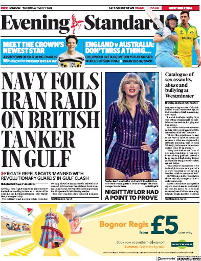 London Evening Standard Newspaper Front Page (UK) for 12 July 2019