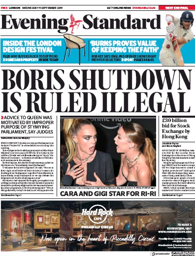 London Evening Standard Newspaper Front Page (UK) for 12 September 2019
