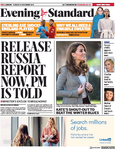 London Evening Standard Newspaper Front Page (UK) for 13 November 2019