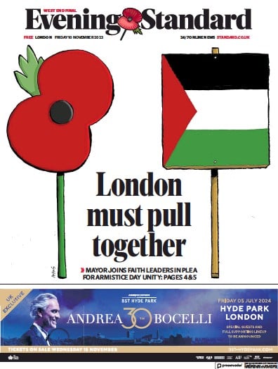 London Evening Standard Newspaper Front Page (UK) for 13 November 2023