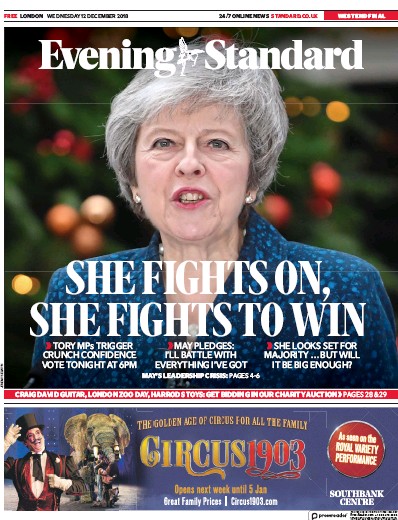 London Evening Standard Newspaper Front Page (UK) for 13 December 2018