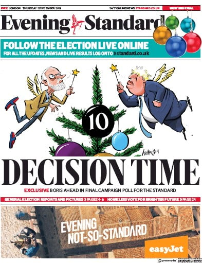 London Evening Standard Newspaper Front Page (UK) for 13 December 2019