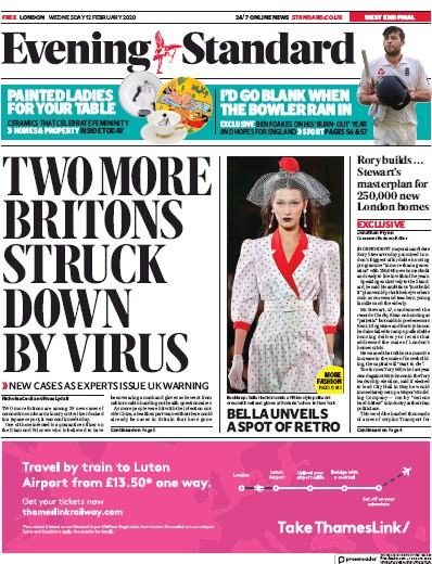 London Evening Standard Newspaper Front Page (UK) for 13 February 2020